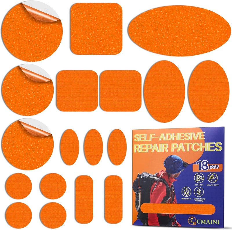 umaini Down Jacket Repair Patch Kit, Outdoor Gear Tenacious Repair Tape, Self Adhesive Fabric Patches for Clothes, Waterproof Ripstop Nylon Fabric Patch for Puffer Jacket, Coat, Tent (18 Pcs, Orange) - Image 1
